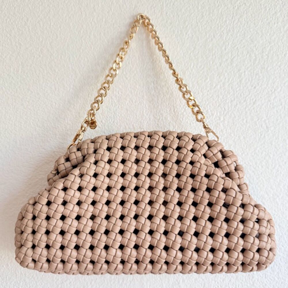 Olga Berg Everly Natural Handwoven Faux Leather Clutch with Gold Crossbody Chain - Picture 11 of 16